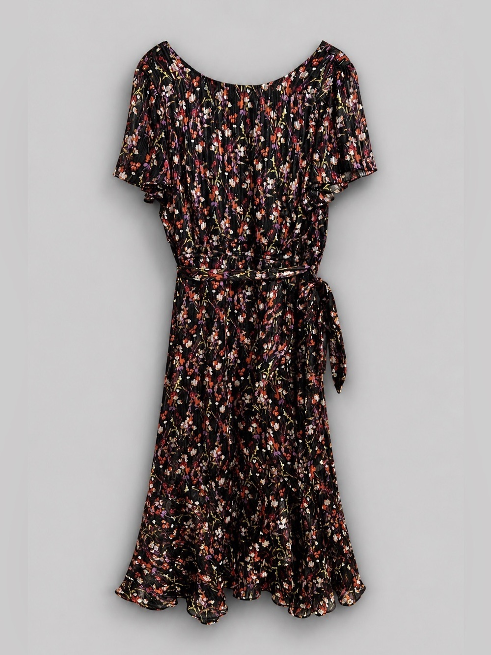Lane Bryant Shimmer Floral Tie Waist Midi Dress Size 16 Flutter Sleeve Back Zip - Picture 2 of 7